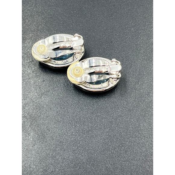 Swarovski Vintage Large Oval Blue Topaz Crystal Prong Set Halo Clip On Earrings - Picture 7 of 9